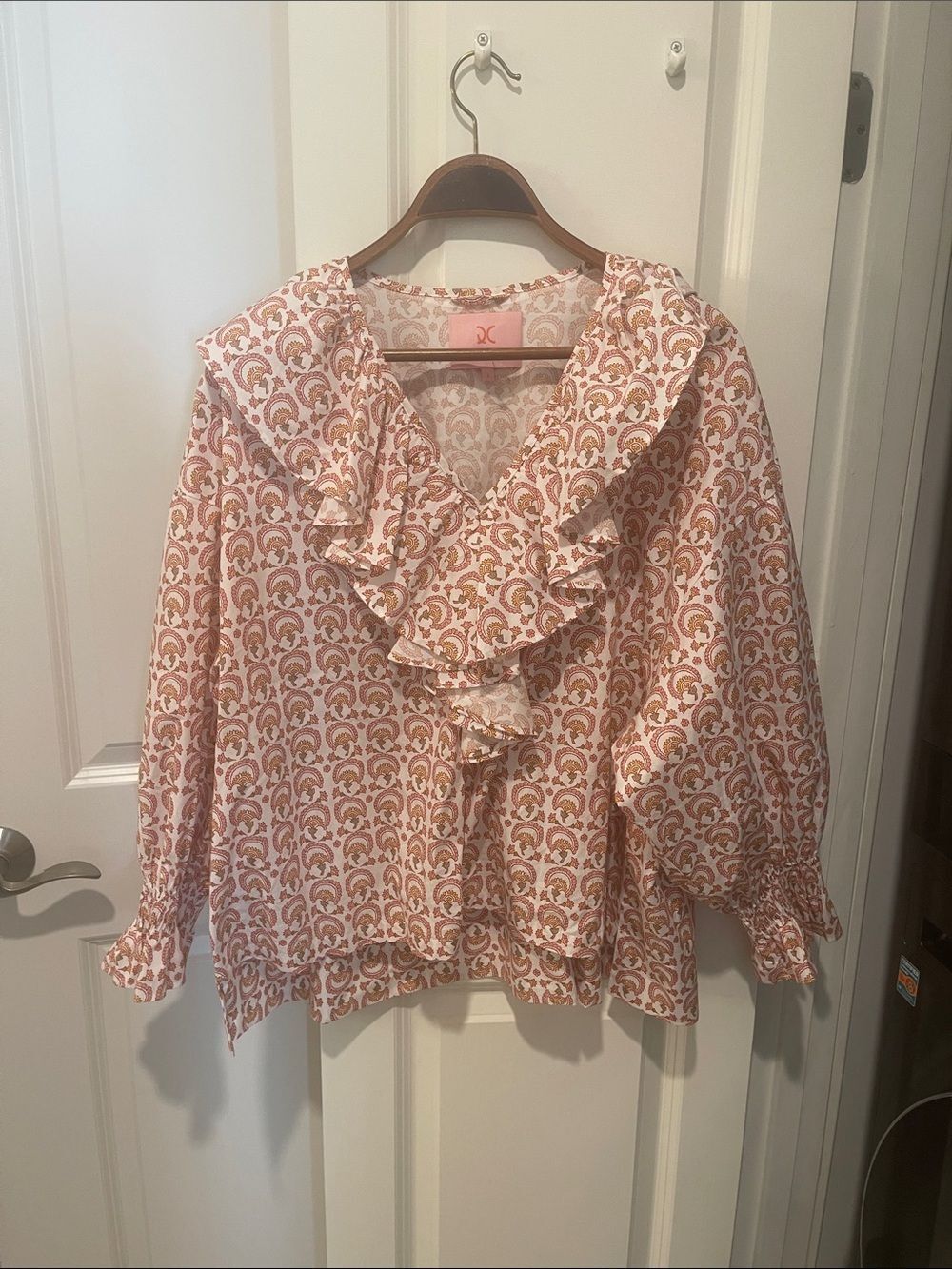 Ruffled V-Neck Printed Blouse in Pink and Cream